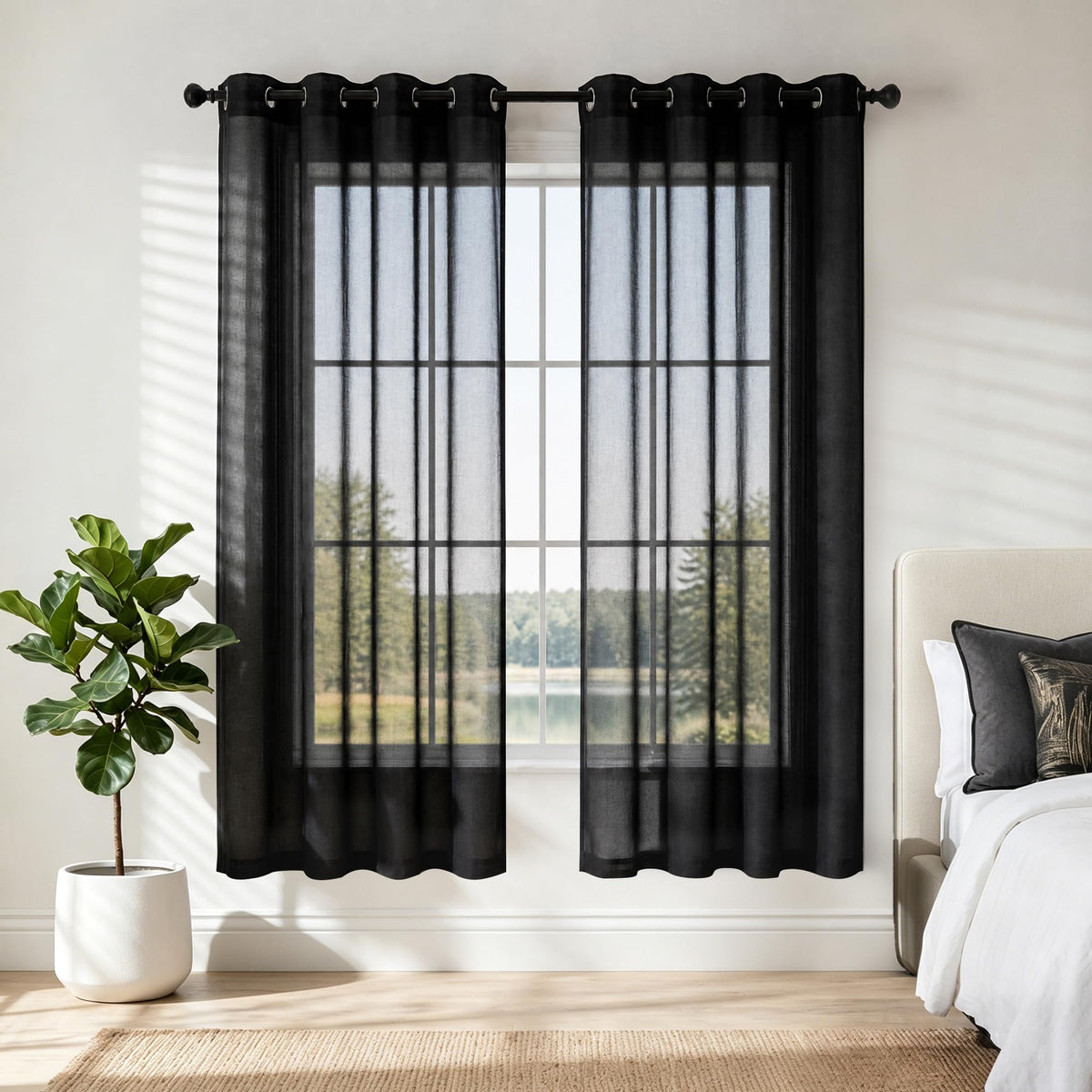Mrs.Naturall Black Sheer Curtains 84 Inches Long for Living Room Set of 2 Panels Ring Grommet Window Curtain Panels for Bedroom 52x84 Inch Length