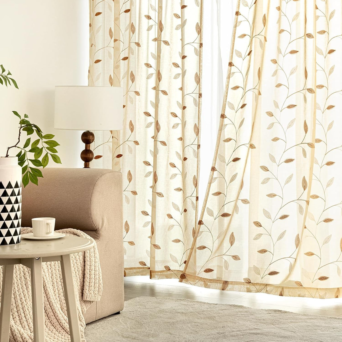 MIULEE Beige Sheer Curtains 2 Panels Embroidered Leaf Patterned, W52 x L84