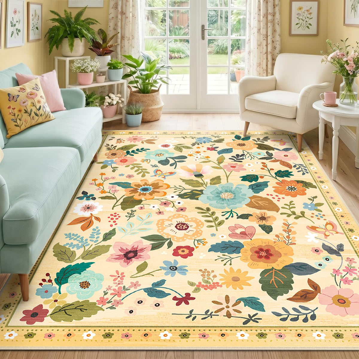 RELEANY Floral Washable 5x7 Area Rugs Pink