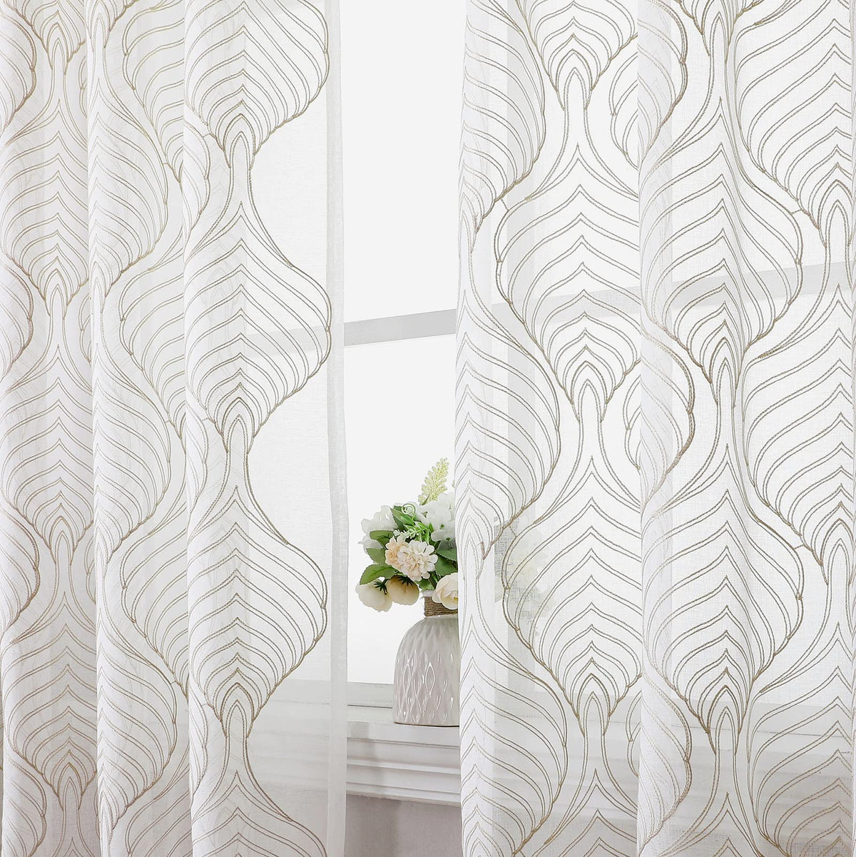 VISIONTEX White Sheer Curtains Grey Moroccan Embroidered 63 Inch Length