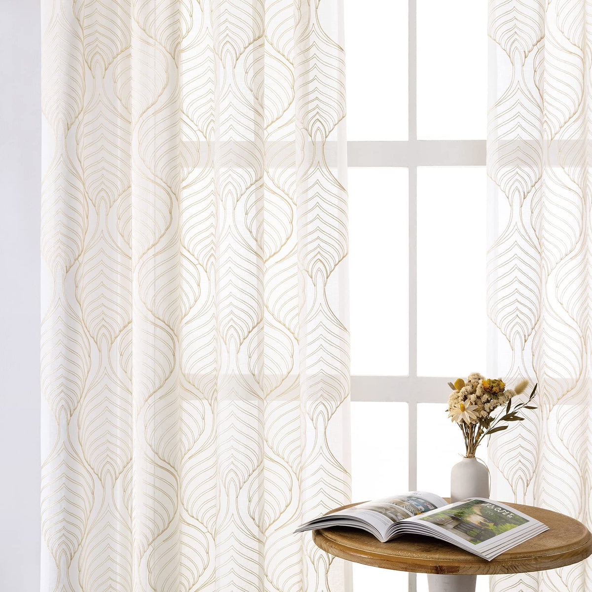 VISIONTEX White Sheer Curtains Grey Moroccan Embroidered 63 Inch Length