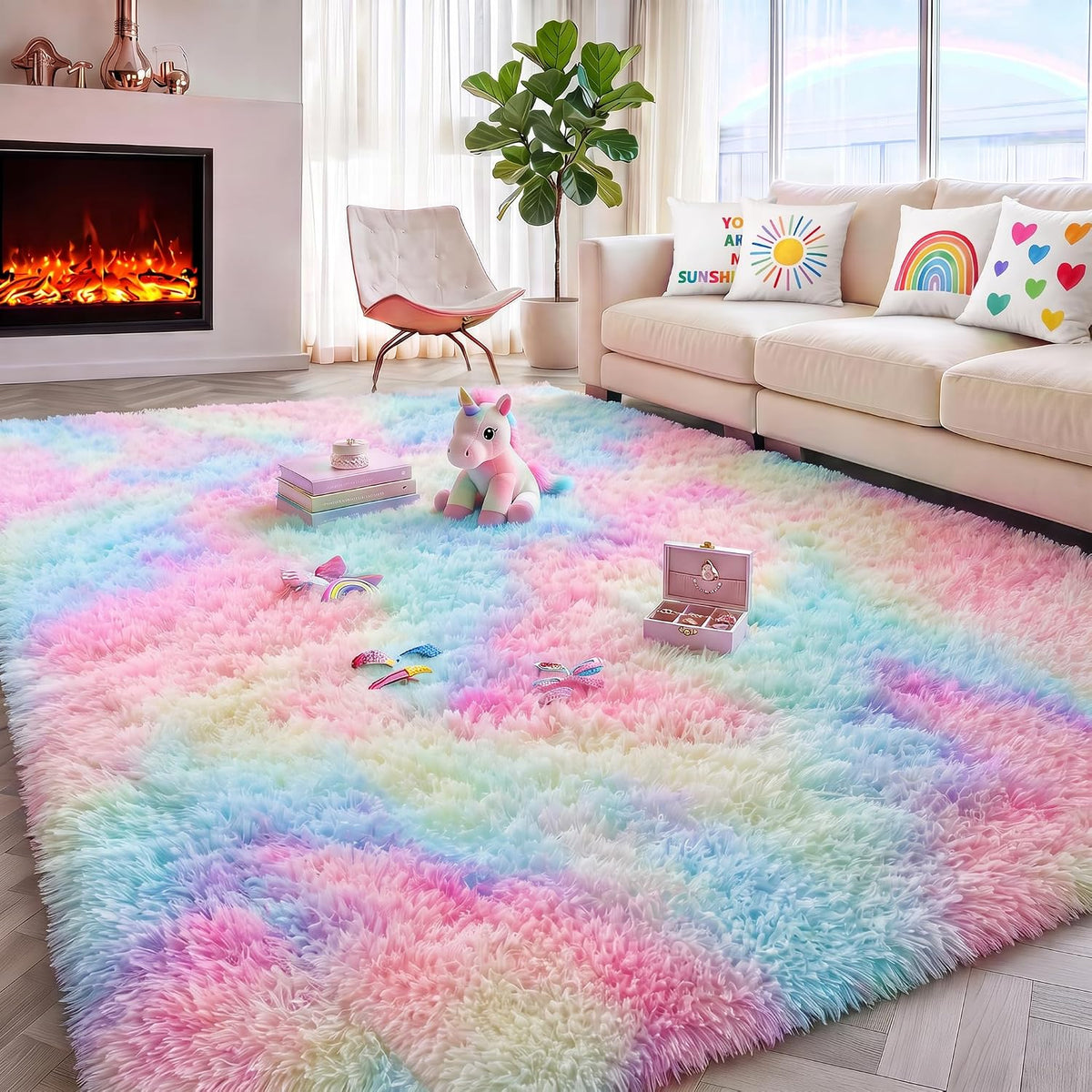 Rainbow Area Rugs for Girls Bedroom Fluffy Soft Vibrant Rugs Kids Playroom