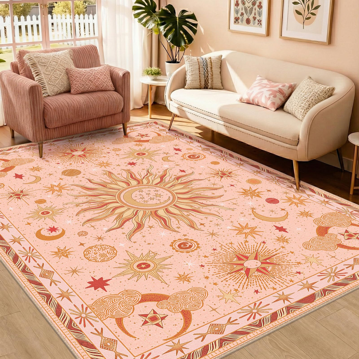 Vacuum-Friendly, 5x7 Washable Area Rug, Black Gold Beige Red