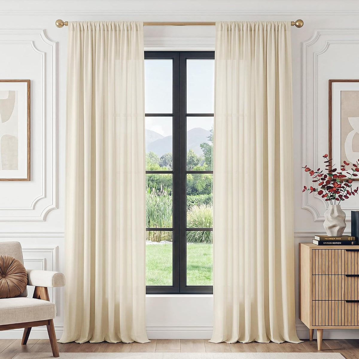 FMFUNCTEX Cream Sheer Curtains, 90 Inch, Rod Pocket, 2 Panels for Bedroom