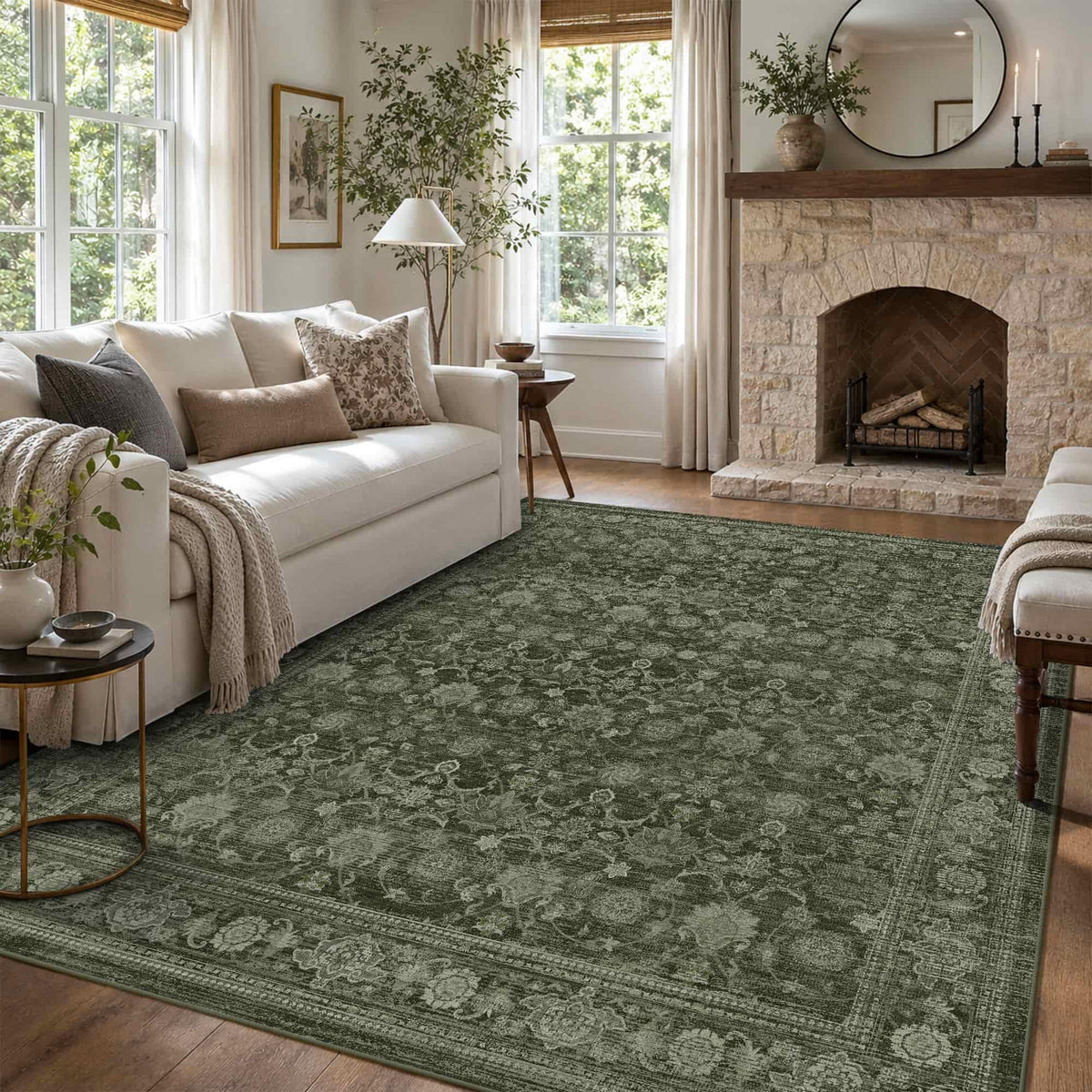 8x10 Washable Boho Area Rug, Dark Beige Farmhouse for Living Room