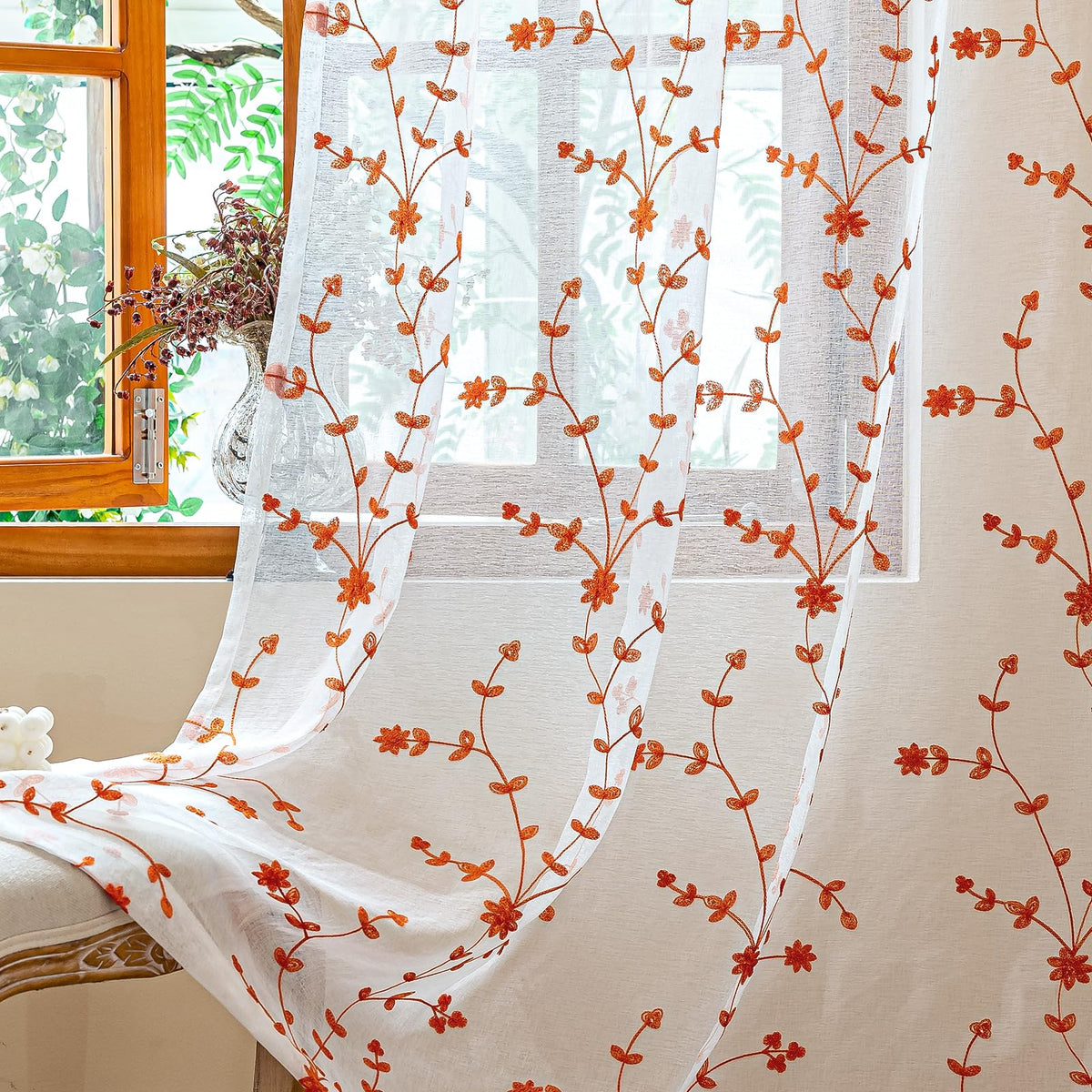 AmHoo 2 Panels Leaf Flora Embroidered Farmhouse Semi Sheer Curtain Voile Curtains for Living Room Bedroom Window Treatment White Sage Green 53 x 84 Inch