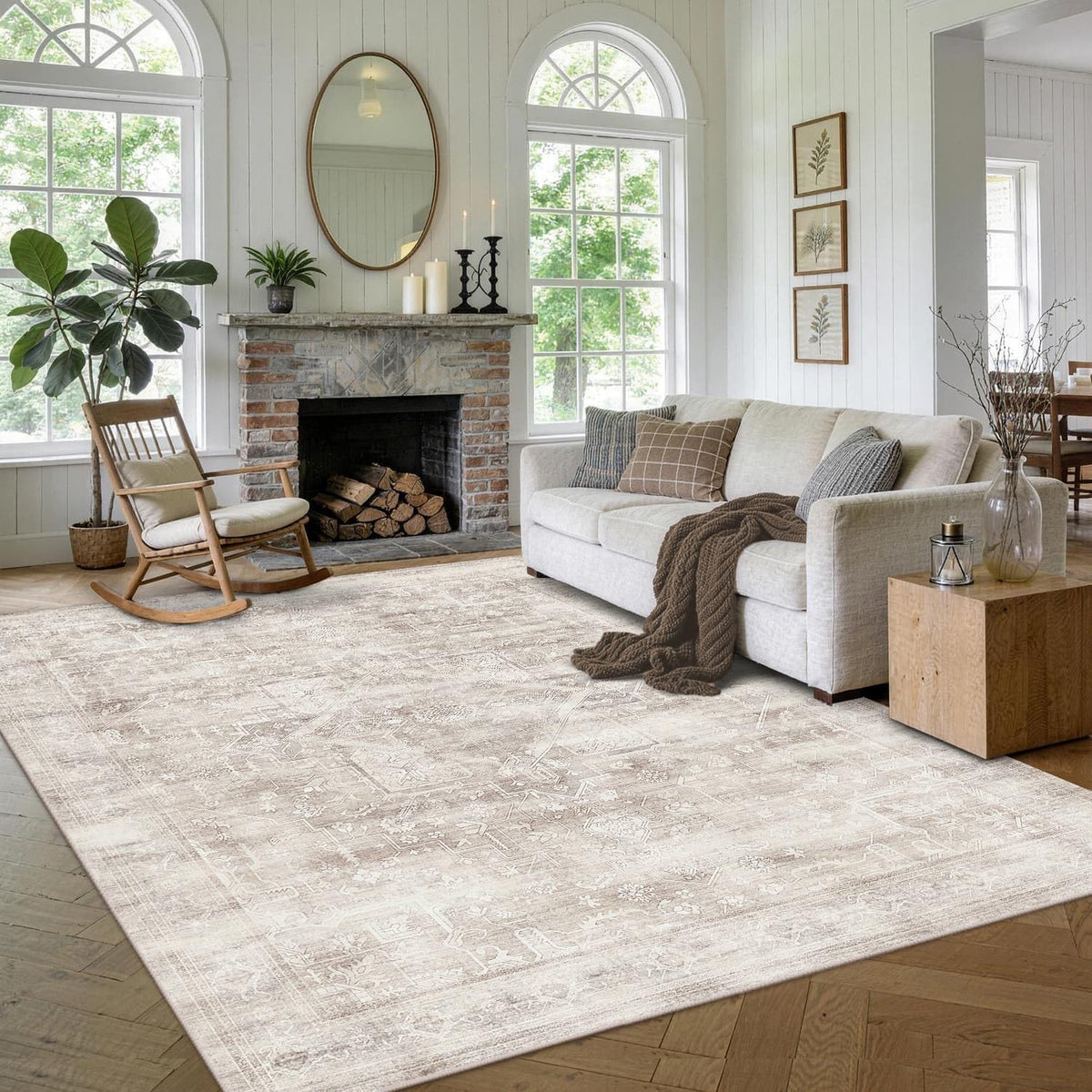 8x10 Washable Boho Area Rug, Dark Beige Farmhouse for Living Room