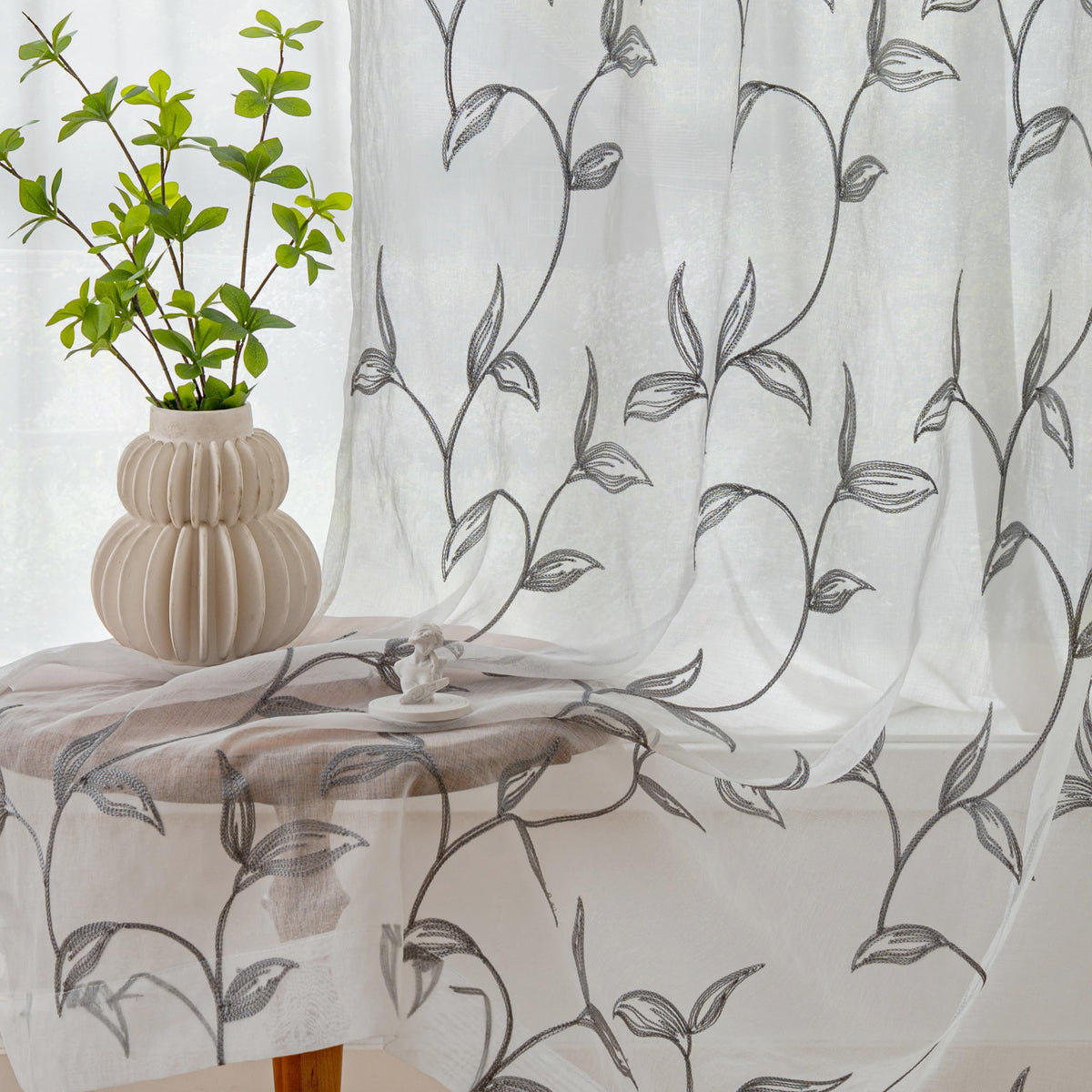 VISIONTEX Sheer Curtains Boho Leaf Floral Embroidered Cream Beige 54Wx84L