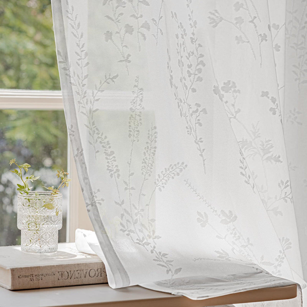 Anmao White Semi Sheer Light Filtering Curtains 84 Inches Long 2 Panels, Leaf Pattern Drapes for Living Room Bedroom, Rod Pocket Sheer Window Treatments with Floral Design, 52x84 Inch