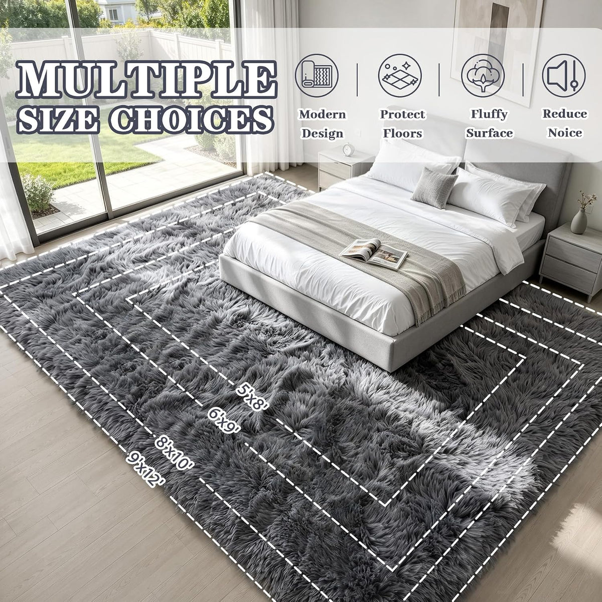 MXSANYOO 8x10 Fluffy Shag Area Rugs for Living Room Bedroom Grey Rug