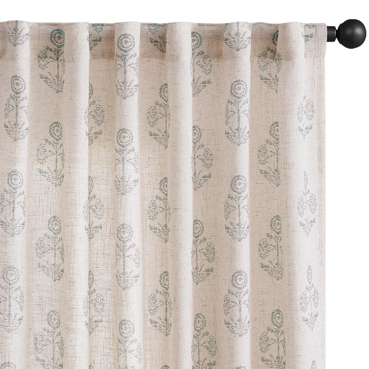 jinchan Green Floral Linen Curtains 84 Inch Vintage Back Tab 2 Panels