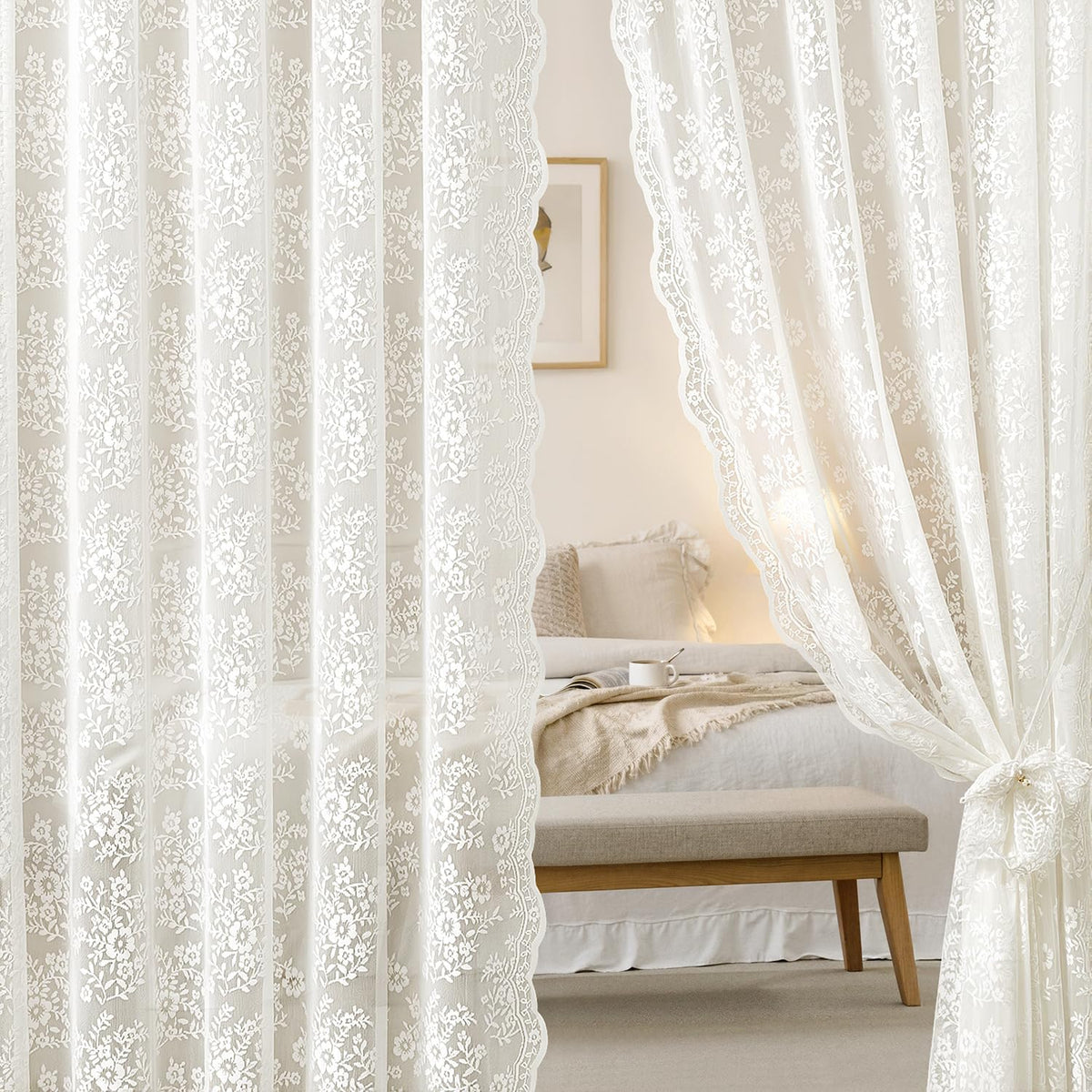 2 Panels Vintage Lace Curtains 63 Inches Length 52 x 63 Inch Ivory