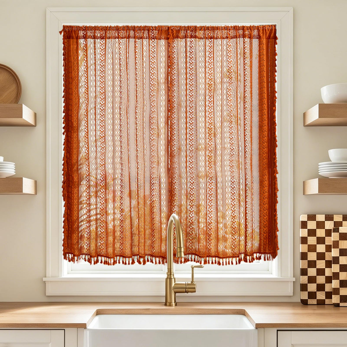 Sutuo Home Terracotta Boho Lace Curtains 2 Panels 84 Inches Long for Living Room&Bedroom, Burnt Orange Crochet Privacy Farmhouse Vintage Tassels Retro Halloween Window Sheer Curtains Rod Pocket,50" W