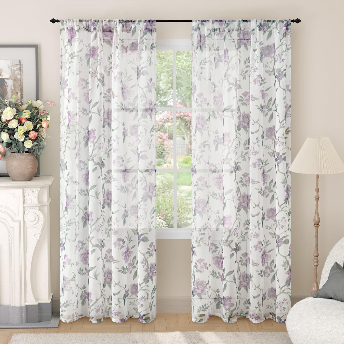 Lajode Pink Floral Sheer Curtains for Girls Room - 52x84 Inch 2 Panels