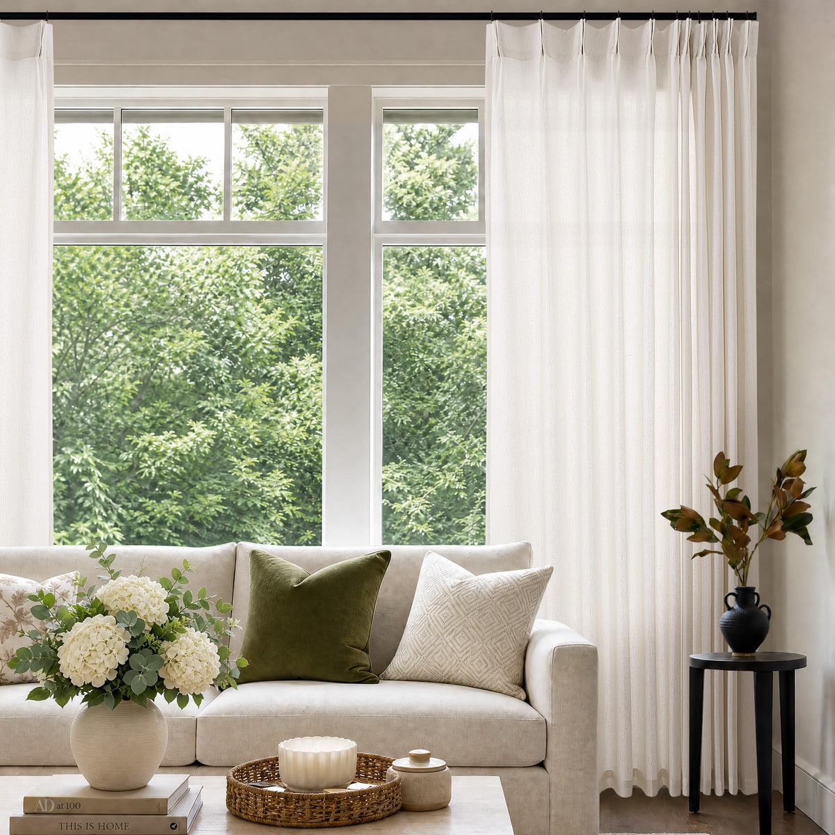Cream 120 Inch Linen Curtains Pinch Pleated Extra Long Custom Made