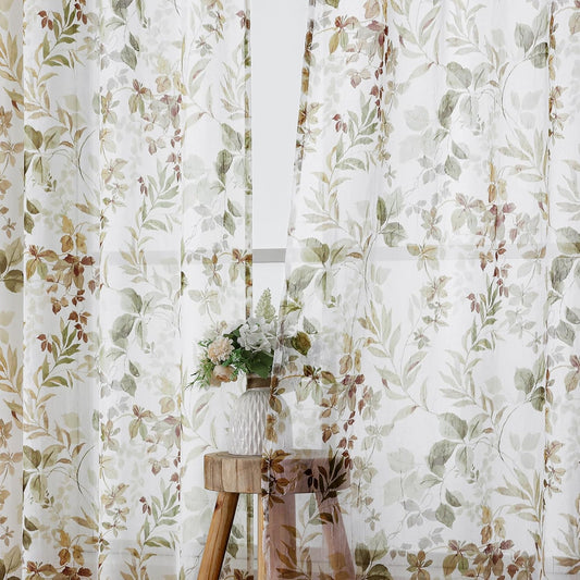 OWENIE Crushed Sheer Curtains 63 Inch Length 2 Panels Set, Sheer Floral Curtians with Printed Leaves Design, Printing Drapes for Living Room, Rod Pocket Light Filtering Window Sheers 42" W x 63" L