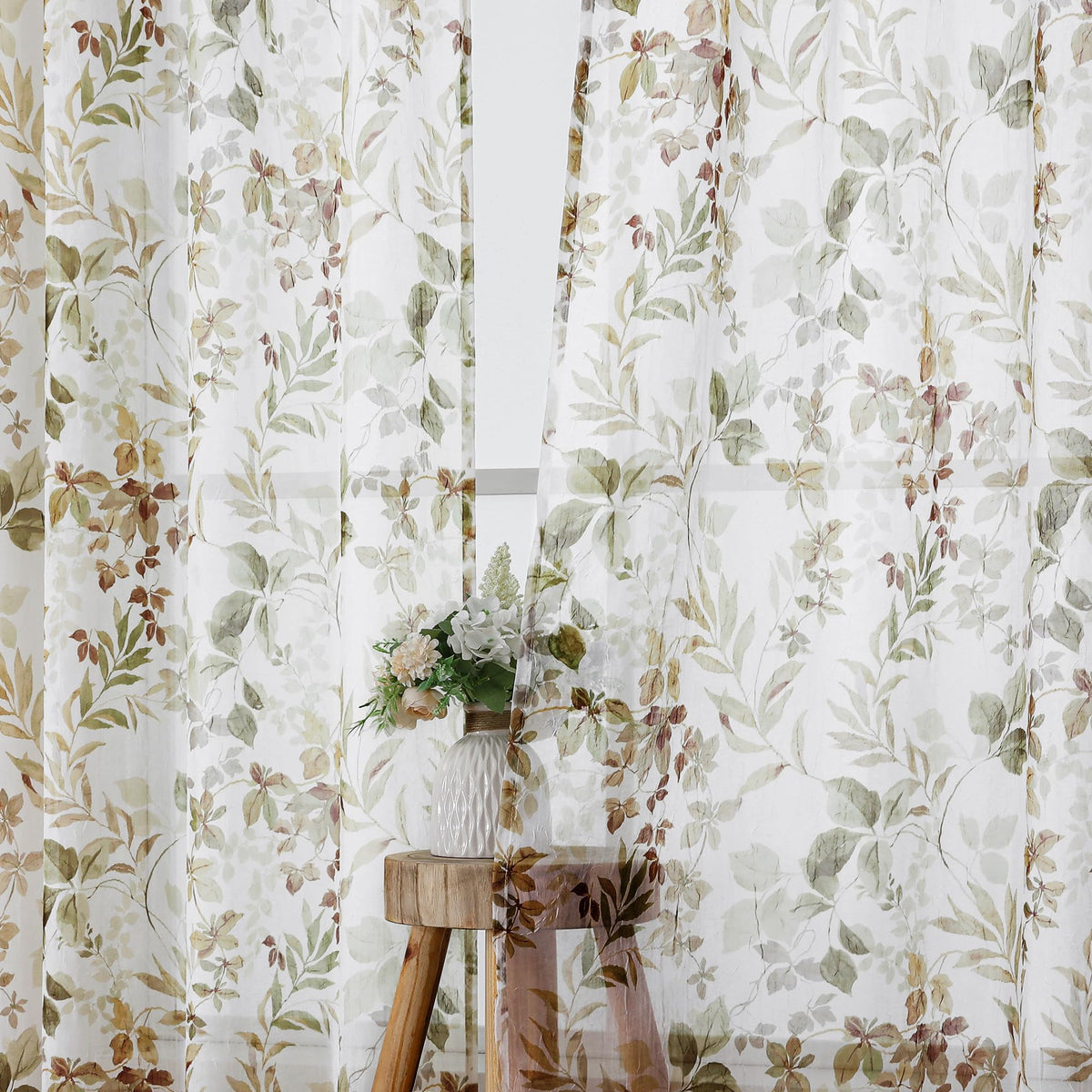 OWENIE Crushed Sheer Curtains 63 Inch Length 2 Panels Set, Sheer Floral Curtians with Printed Leaves Design, Printing Drapes for Living Room, Rod Pocket Light Filtering Window Sheers 42" W x 63" L