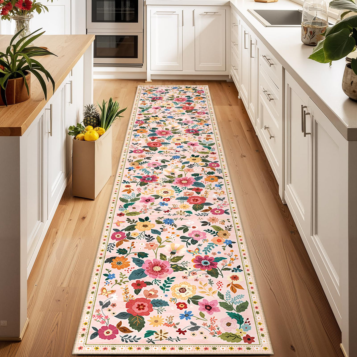 RELEANY Floral Washable 5x7 Area Rugs Pink