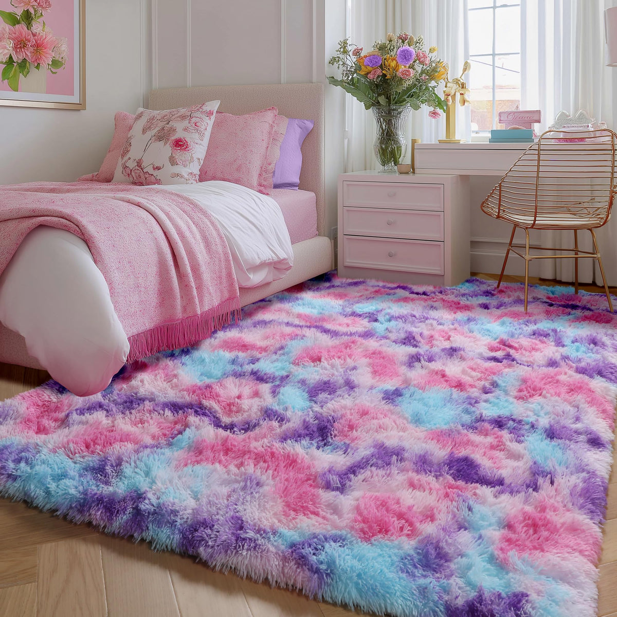 Rainbow Area Rugs for Girls Bedroom Fluffy Soft Vibrant Rugs Kids Playroom