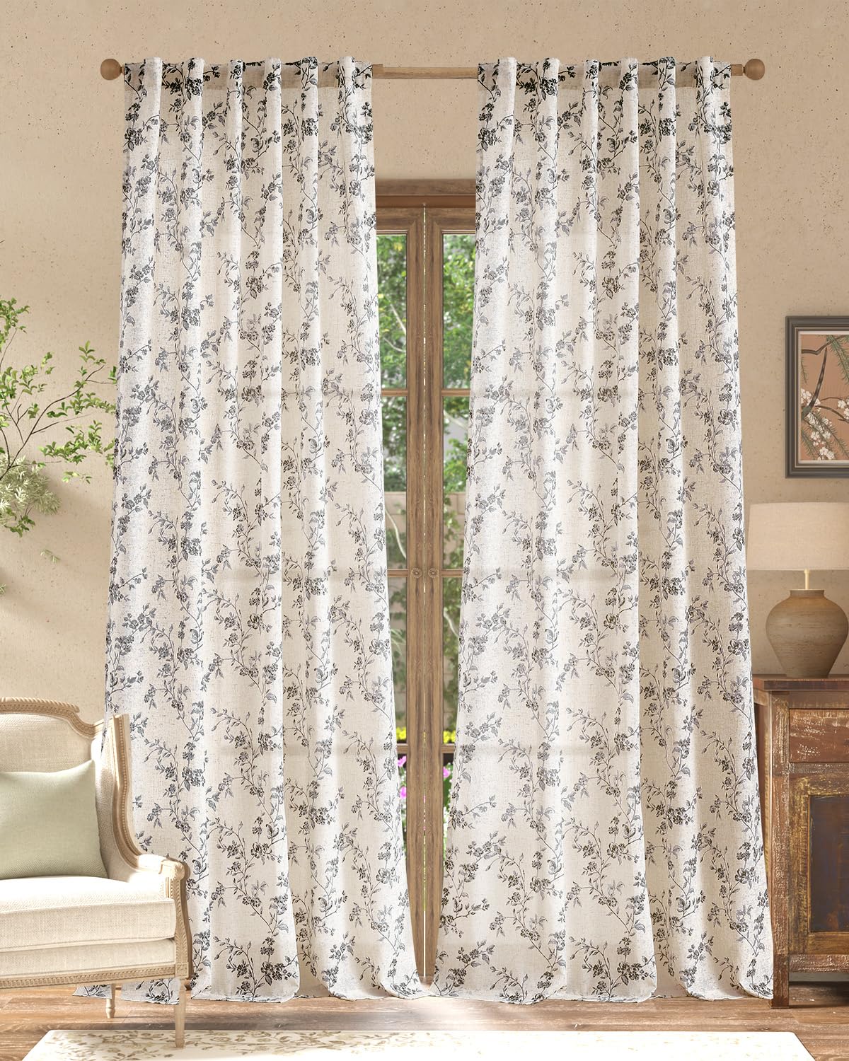 jinchan Taupe Floral Linen Curtains 84 Inch Farmhouse Back Tab 2 Panels