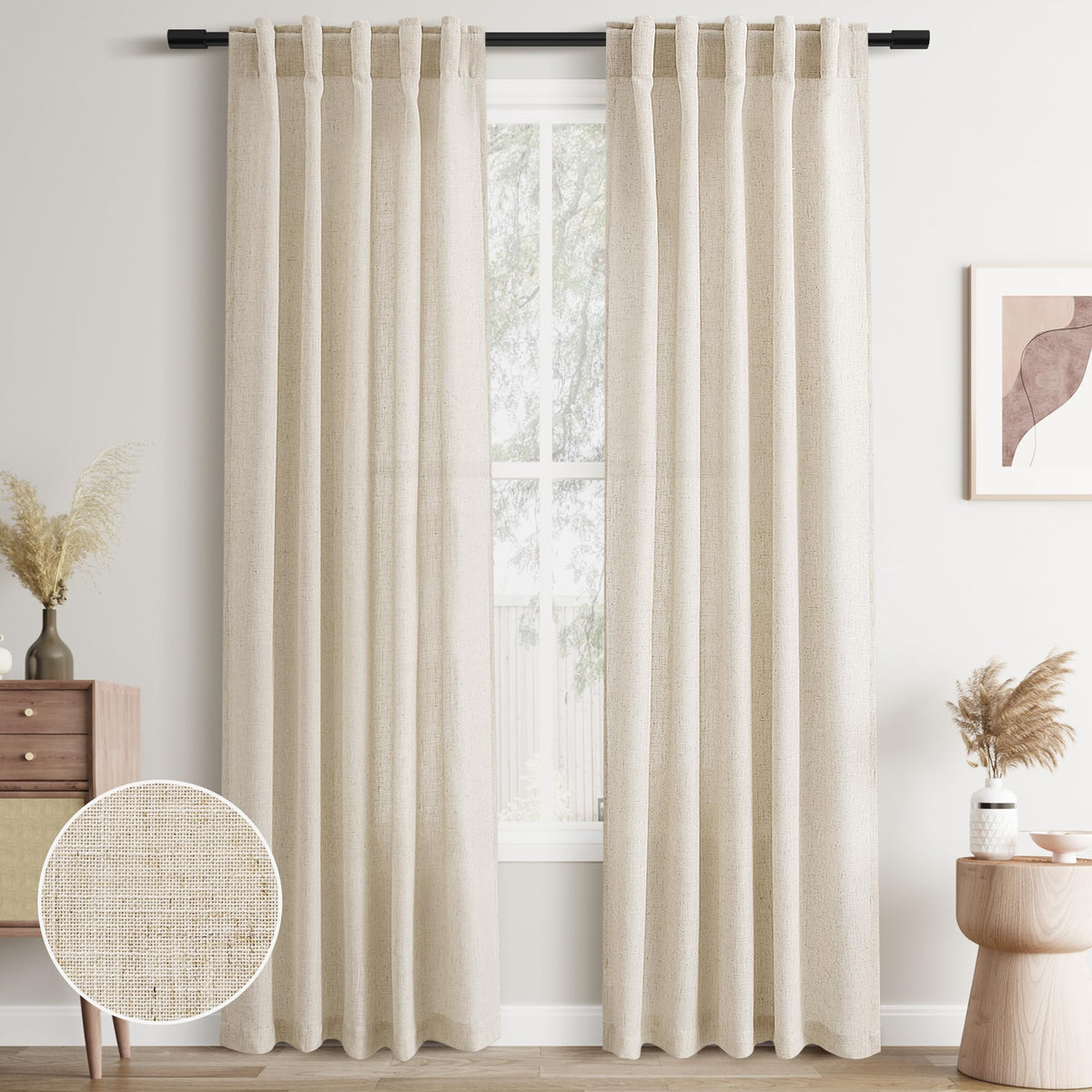 Joywell Linen Sheer Curtains 84 Inches Long for Living Room Beige Cream