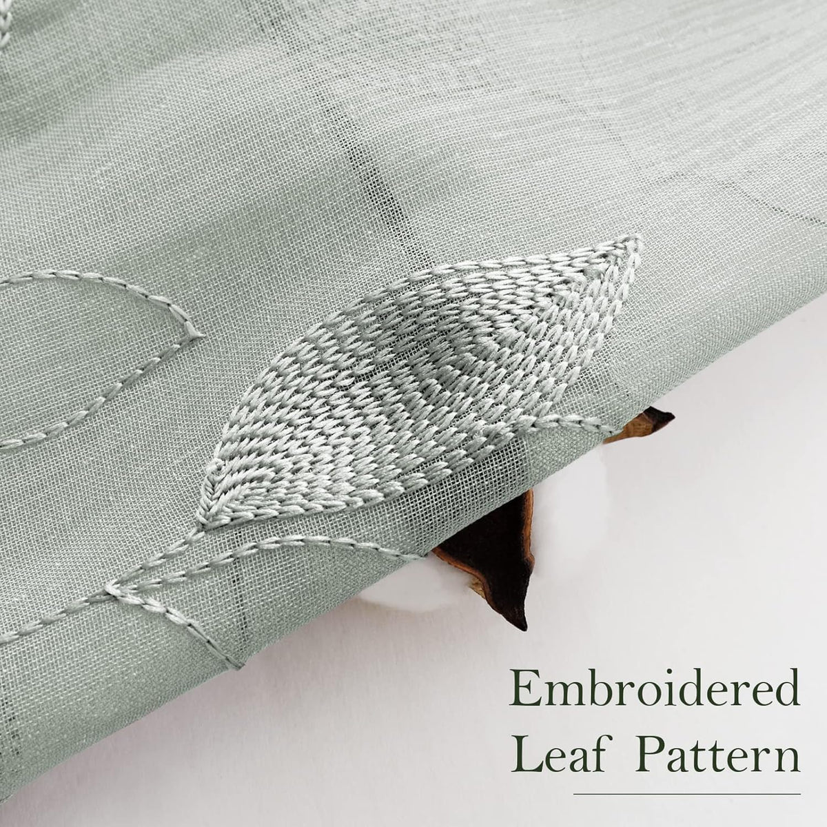 HOMEIDEAS Sage Green Sheer Curtains Leaf Embroidered, 52x84 Inch, 2 Panels