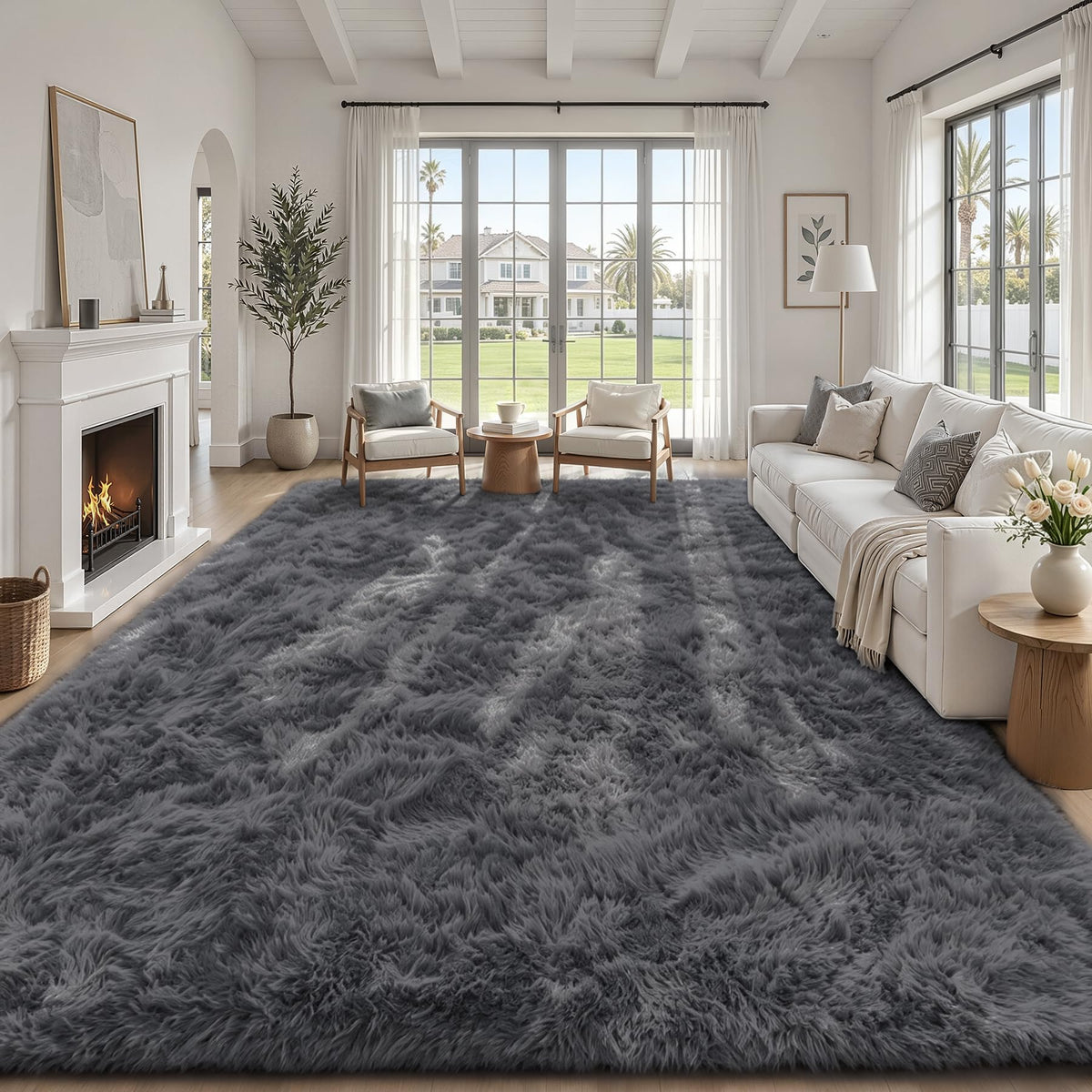 TENGTENGLINK 8x10 Fluffy Shag Area Rug Living Room Bedroom Washable Black