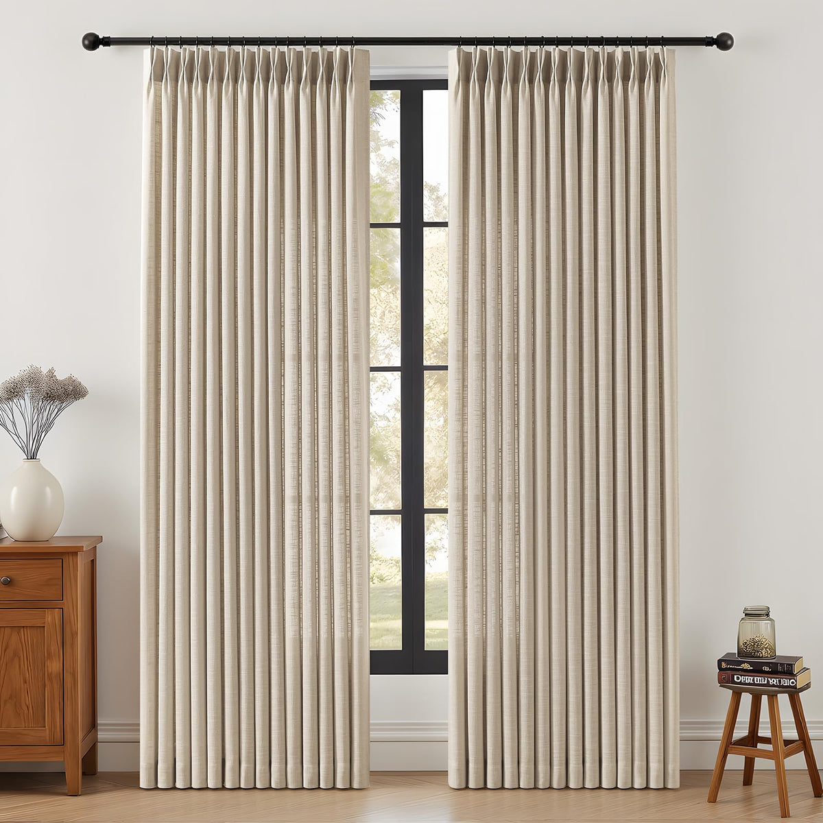 Pinch Pleated Linen Curtains 96 Inches Semi Sheer Light Filtering, 2 Panels