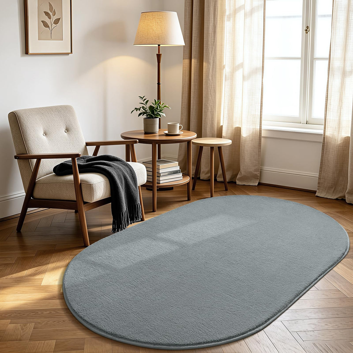 LOCHAS Soft Oval Bedroom Rug 2.6x5.3, Small Washable Grey Rugs for Bedroom