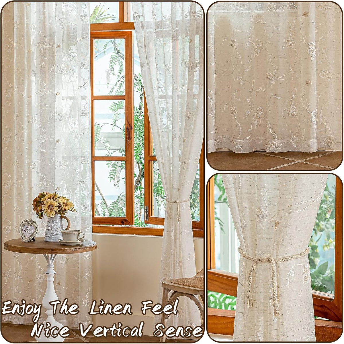 AmHoo 2 Panels Linen Floral Leaf Embroidered Semi Sheer Curtain Farmhouse Voile Curtains for Living Room Bedroom Window Treatment Beige 52 x 84 Inch
