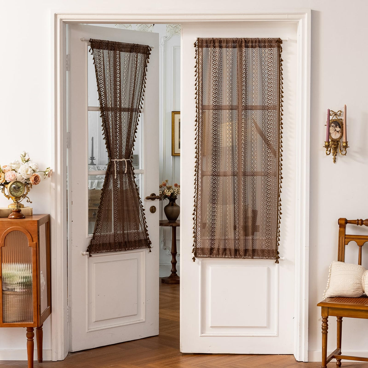 Sutuo Home Terracotta Boho Lace Curtains 2 Panels 84 Inches Long for Living Room&Bedroom, Burnt Orange Crochet Privacy Farmhouse Vintage Tassels Retro Halloween Window Sheer Curtains Rod Pocket,50" W