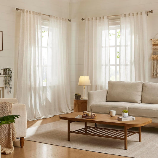 MYSKY HOME Natural Linen Boho Curtains for Living Room 84 Inches Long Light Filtering Semi Sheer Privacy Drapes for Bedroom, Farmhouse Rustic Hollowed-Out Home Decor Back Tab, 50" W×84" L, 2 Panels