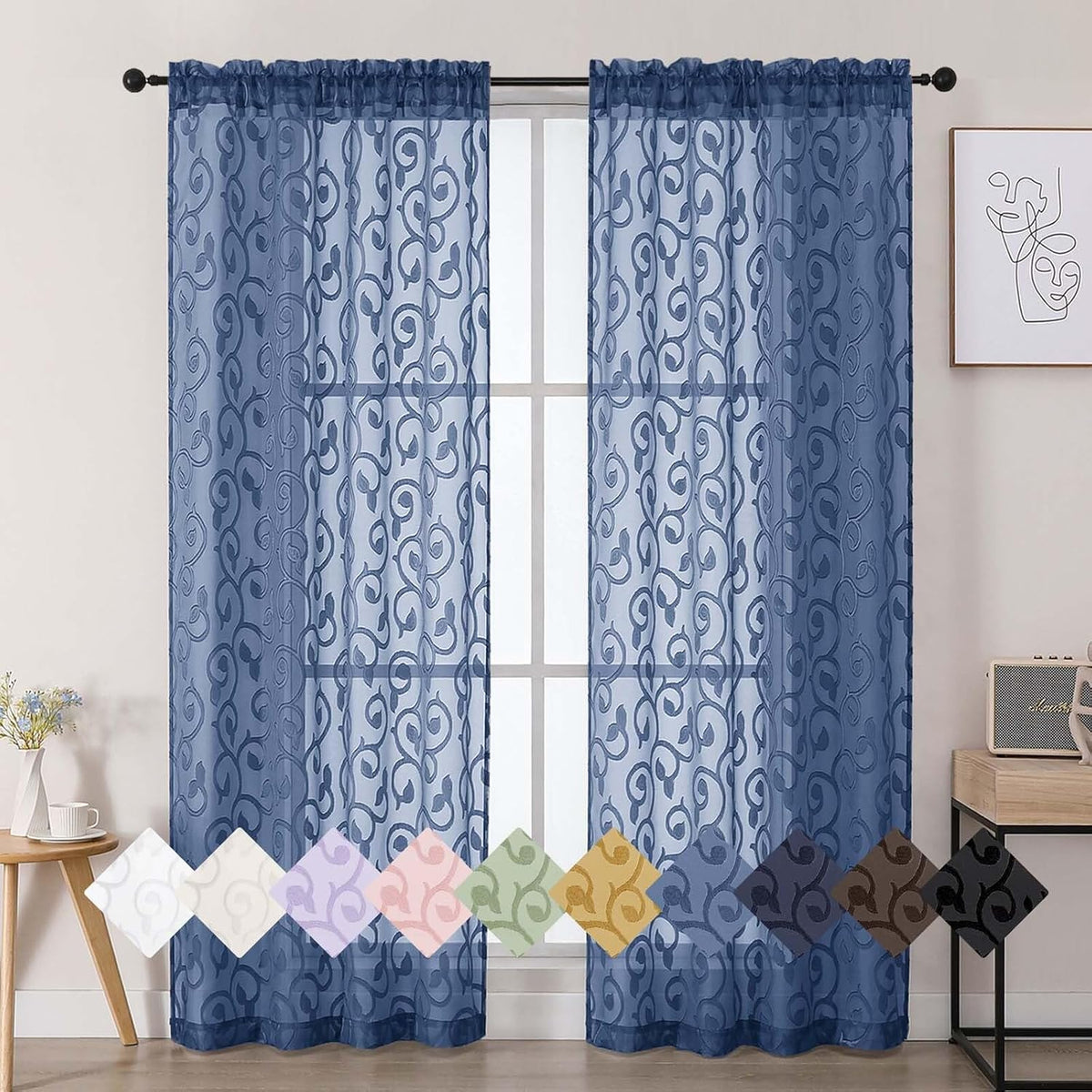 Dusty Blue Sheer Curtains for Bedroom Living Room 72 Inches Long 2 Panels Set, Soft Airy Geometric Jacquard Clip Curtains Drapes, Modern Rod Pocket Door Curtain, 2Pcs Each 42" Wx72 L Inch