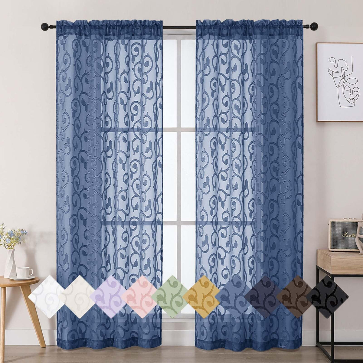 Dusty Blue Sheer Curtains for Bedroom Living Room 72 Inches Long 2 Panels Set, Soft Airy Geometric Jacquard Clip Curtains Drapes, Modern Rod Pocket Door Curtain, 2Pcs Each 42" Wx72 L Inch