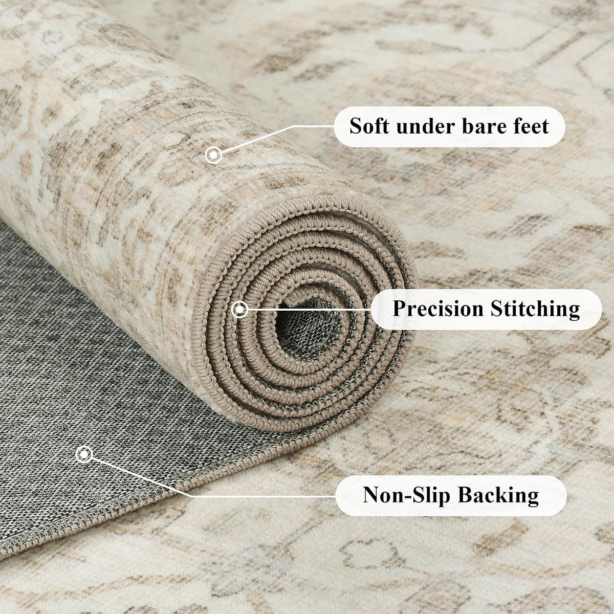 JOOJA 8x10 Beige Vintage Soft Low Pile Boho Neutral Washable Area Rug