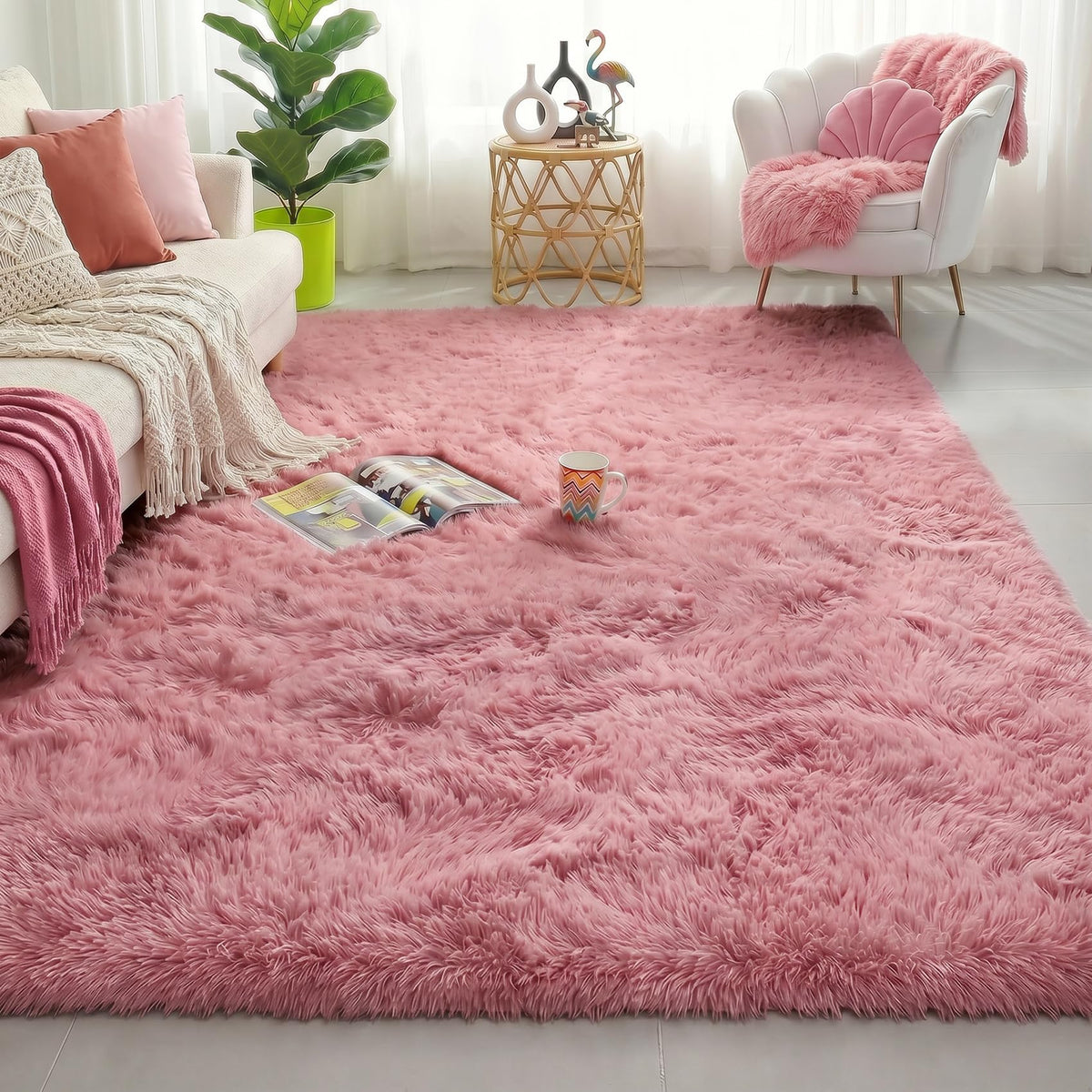 Amdrebio Light Pink Fluffy Fuzzy Area Rug 4x6 for Girls Bedroom Kids Room