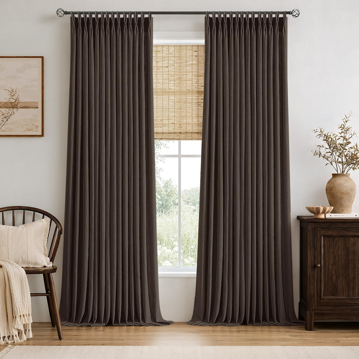 MIULEE Pinch Pleated Thick Linen Curtains 96 Inches Burlap Brown Curtains