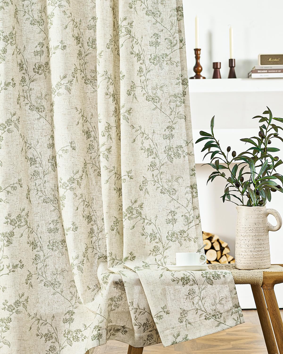 jinchan Taupe Floral Linen Curtains 84 Inch Farmhouse Back Tab 2 Panels