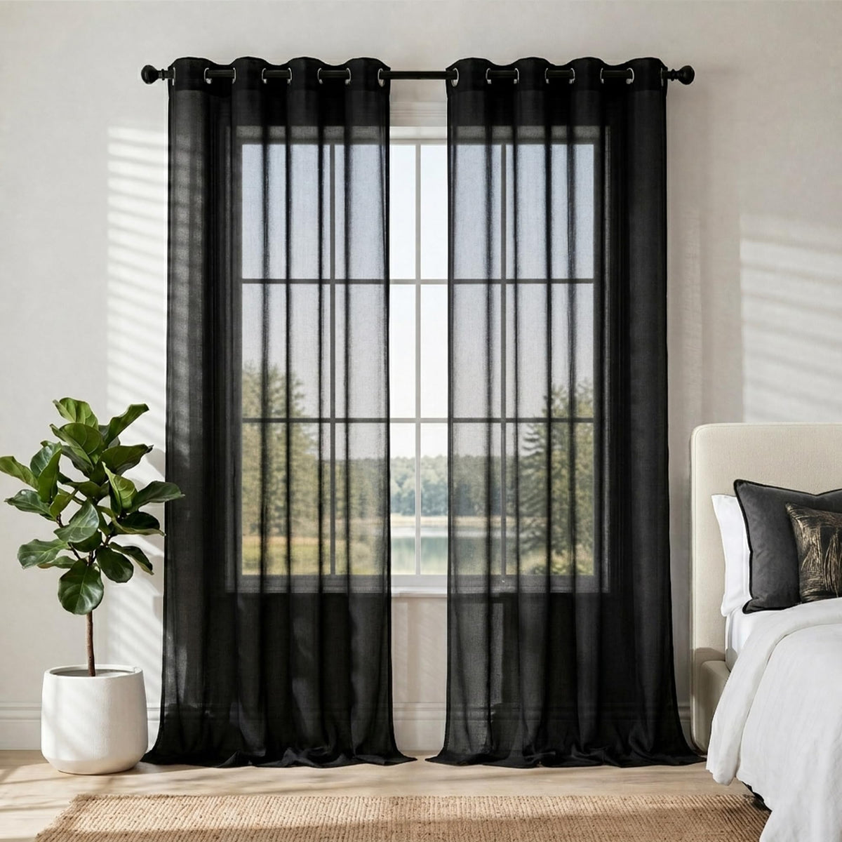 Mrs.Naturall Black Sheer Curtains 84 Inches Long for Living Room Set of 2 Panels Ring Grommet Window Curtain Panels for Bedroom 52x84 Inch Length