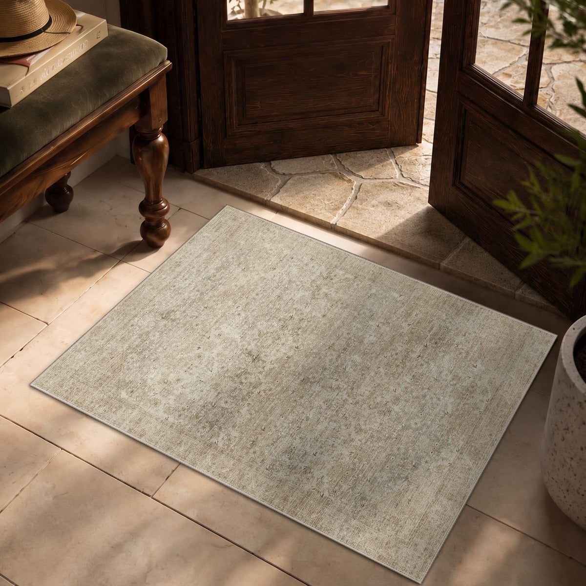 8x10 Washable Boho Area Rug, Dark Beige Farmhouse for Living Room