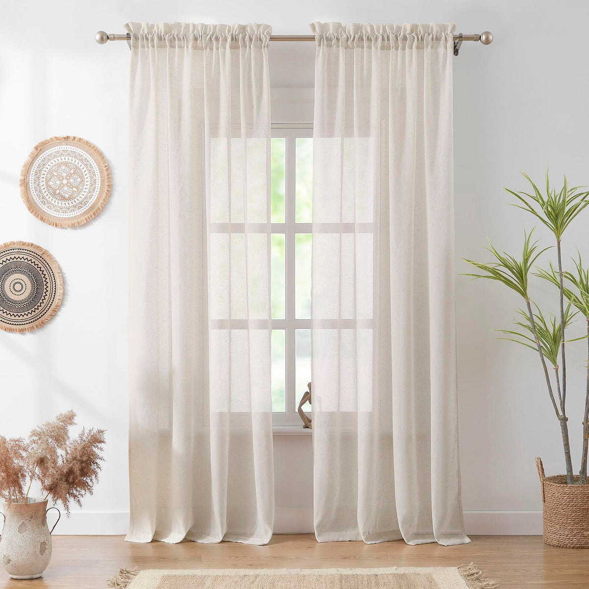 Flax Sheer Linen Curtains for Living Room 52"x84" 2pk Beige Natural White