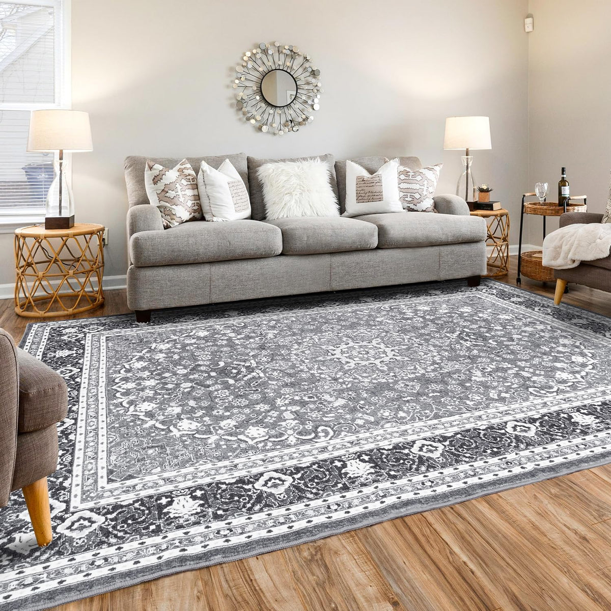 Lessymo 8 x 10 Area Rugs for Living Room, Machine Washable Rug Grey White