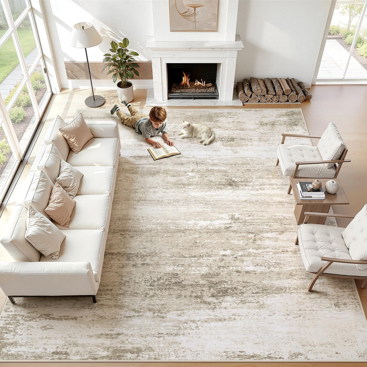 Washable Rug 8x10 Area Rugs for Living Room: Large Neutral Soft Rug Abstract Non Slip Low Pile Modern Carpet for Bedroom Kitchen Nursery Office Dining Room Indoor (Beige, 8'x10')