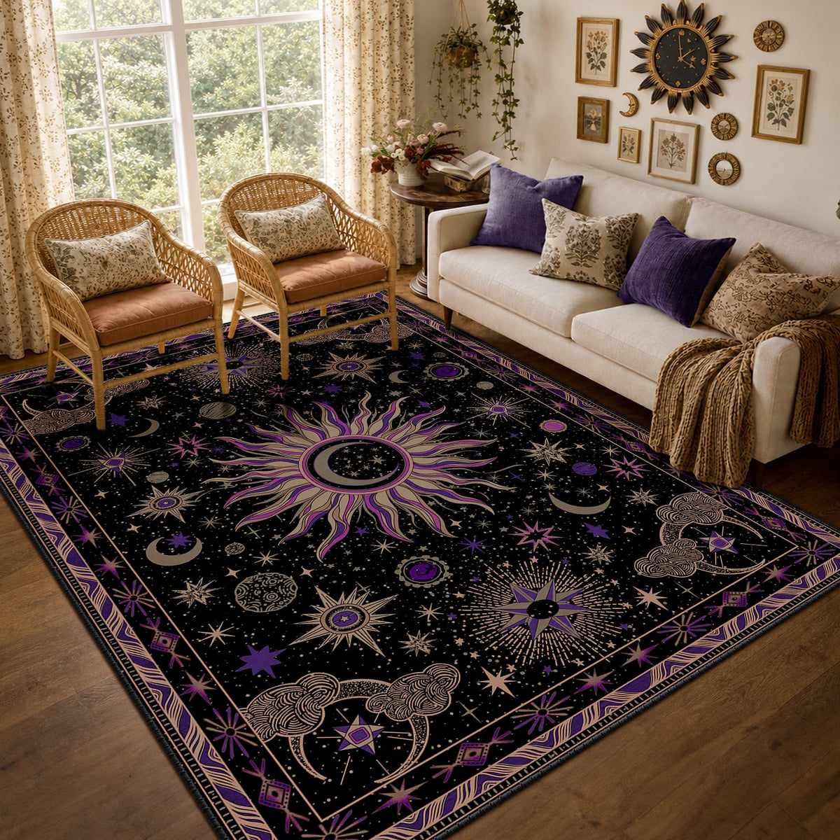 Vacuum-Friendly, 5x7 Washable Area Rug, Black Gold Beige Red