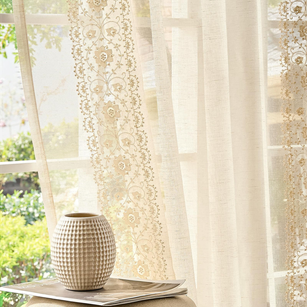 jinchan Floral Sheer Curtains, Back Tab 50x84 Inch, 2 Panels Green