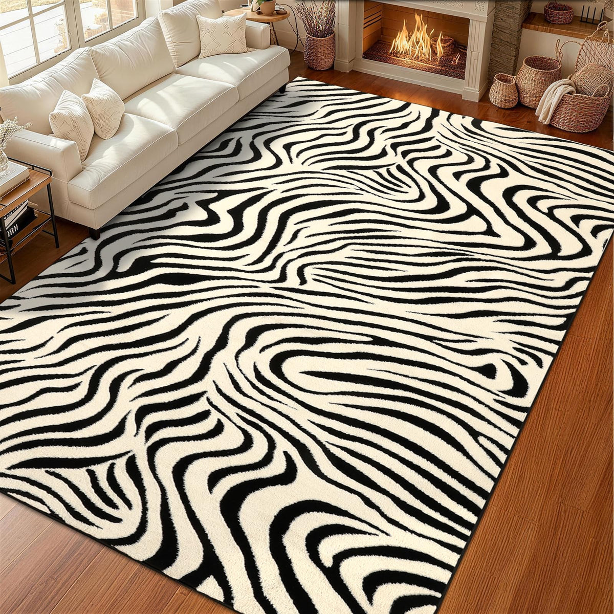 YIHOUSE 5×7 Ft Area Rugs for Living Room: Modern Washable Rug - Abstract Black and Cream White Rug for Bedroom Dining Room Office Playroom Nursery Home Decor - Nonslip Non-Shedding Striped Rugs