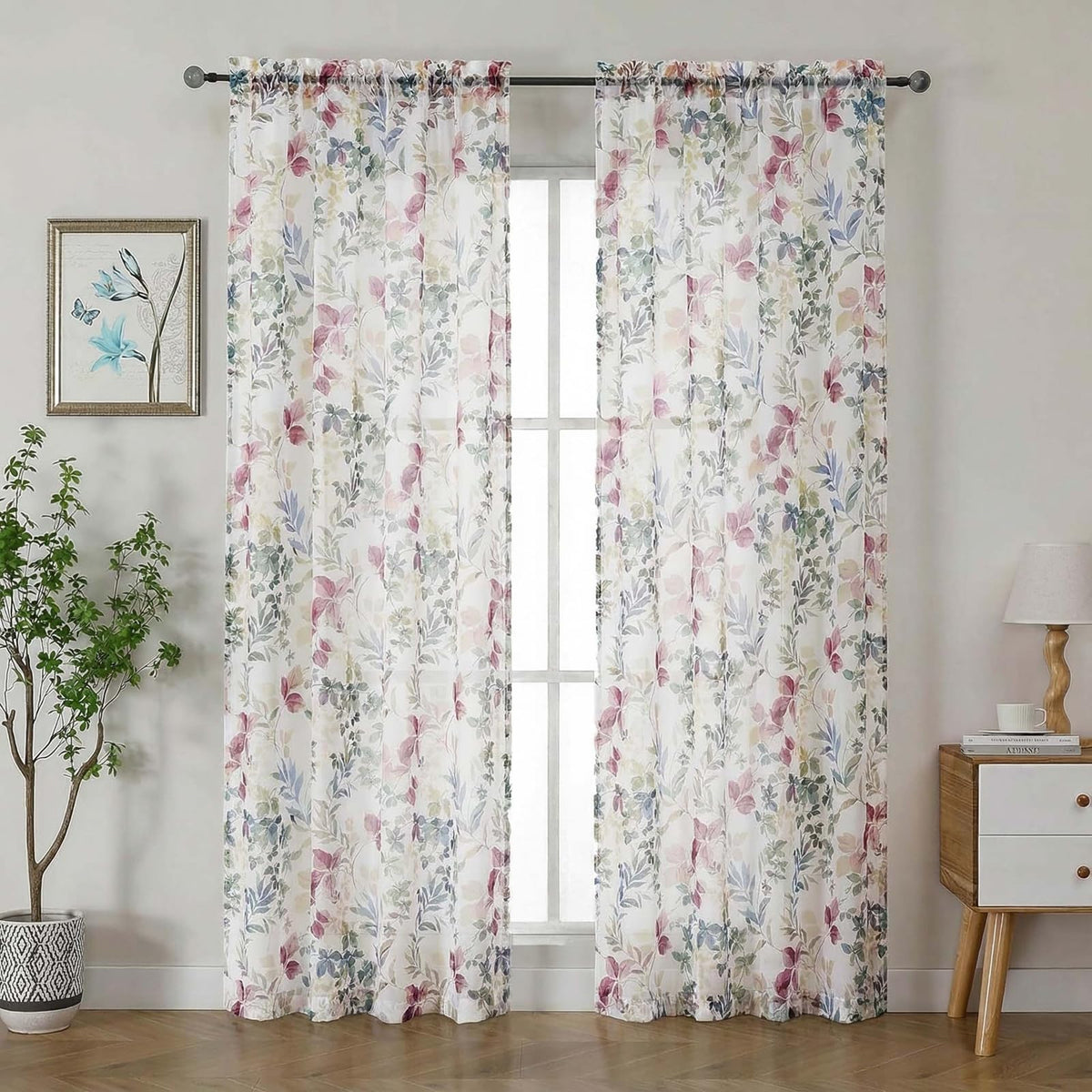 OWENIE Crushed Sheer Curtains 63 Inch Length 2 Panels Set, Sheer Floral Curtians with Printed Leaves Design, Printing Drapes for Living Room, Rod Pocket Light Filtering Window Sheers 42" W x 63" L