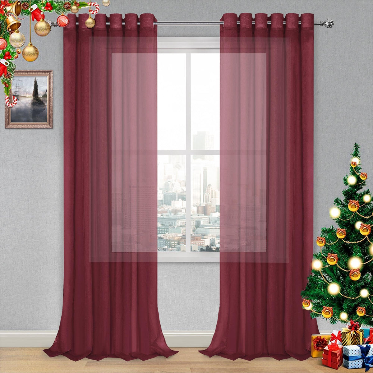 DWCN White Sheer Curtains Linen Look Semi Transparent Voile Grommet White Curtains for Living Dining Room Drapes 52 x 84 Inch Long, Set of 2 Panels