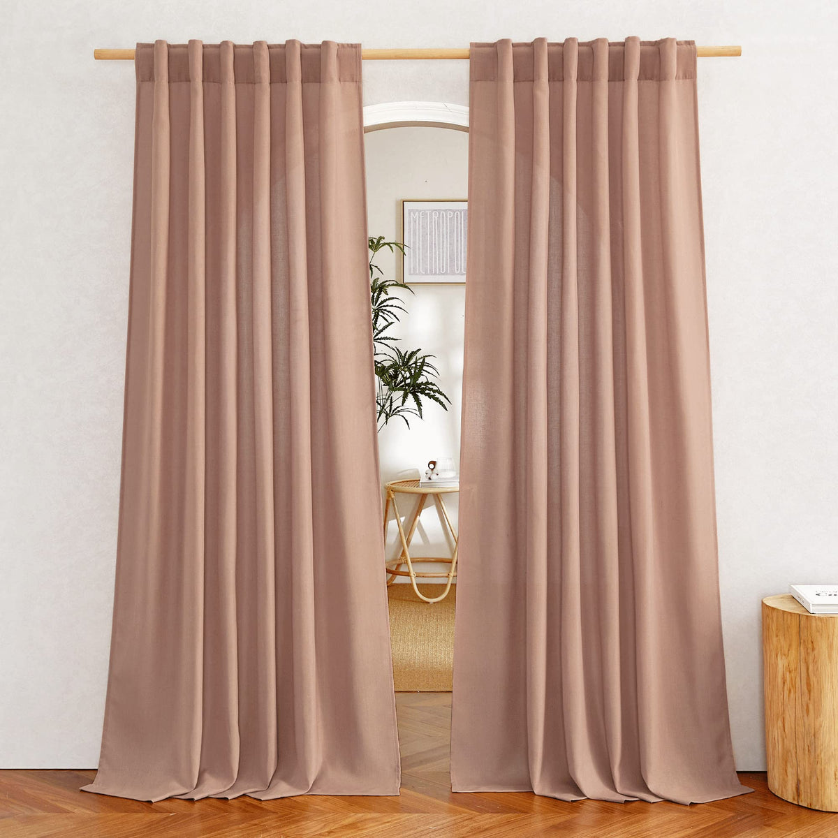 NICETOWN Natural Linen Curtains & Drapes for Windows 84 inch Long, Rod Pocket & Back Tab Thick Flax Semi Sheer Privacy Assured with Light Filtering for Bedroom/Living Room, W55 x L84, 2 Pieces