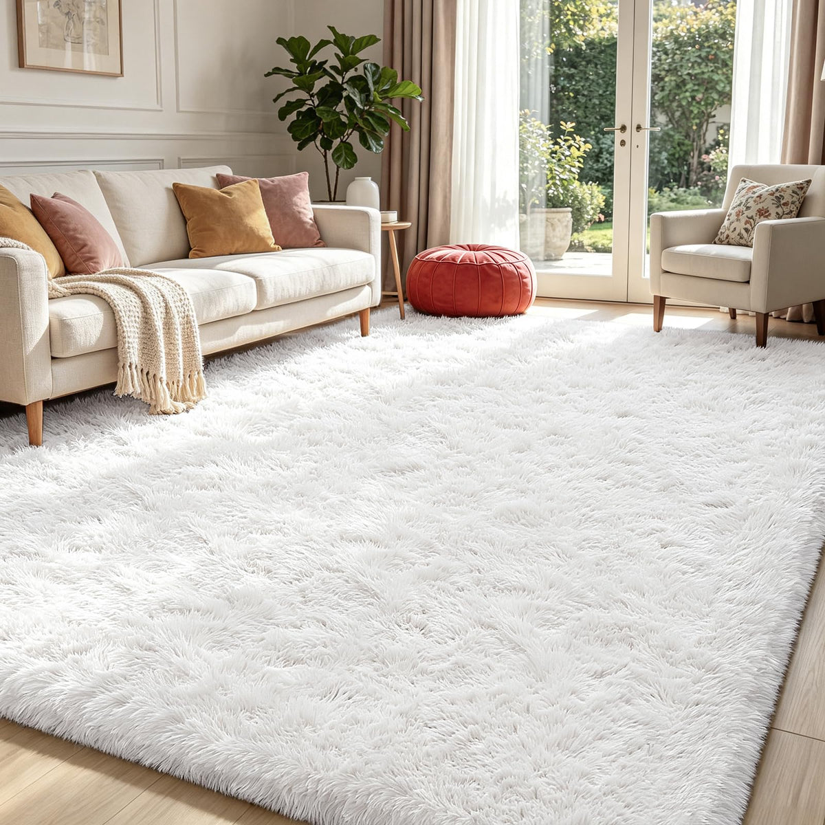 Beige 8x10 Area Rugs for Living Room, Fluffy Shag Rug Large Bedroom Carpet
